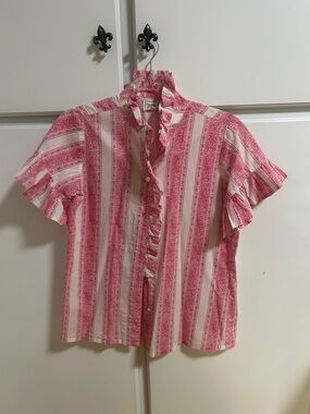 Women’s Pink & White Striped Ruffle Button-Up Top